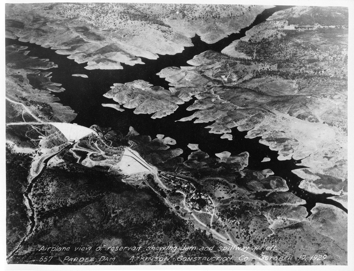 Downstream side of Pardee Dam from airplane. (October 1929)	
