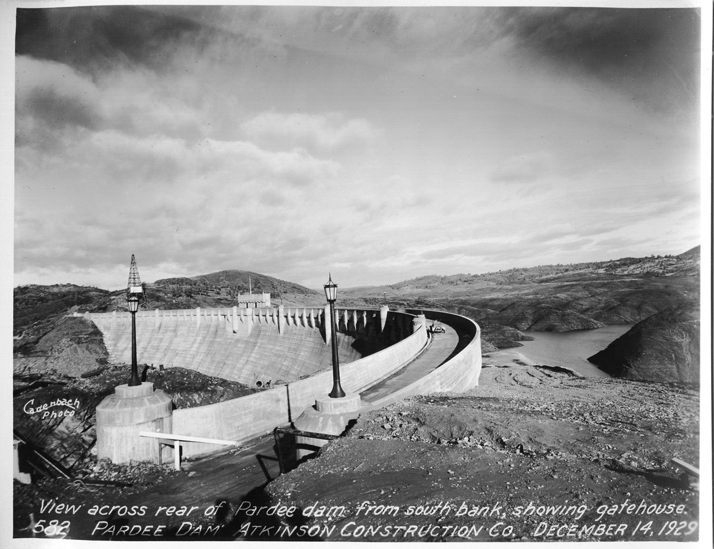 View across rear of Pardee Dam from south bank showing gatehouse. (December 1929)