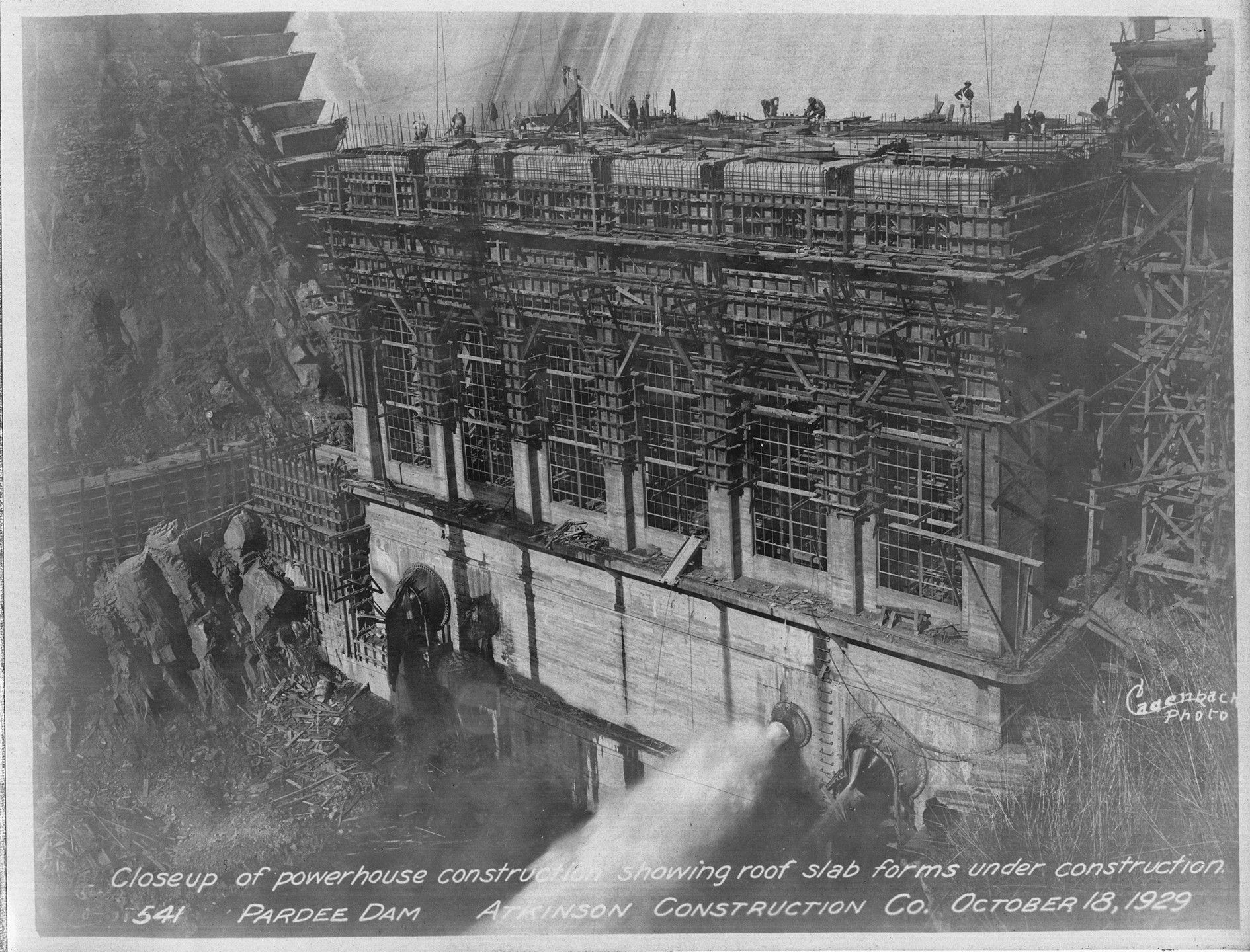 Close up of powerhouse construction showing roof slab forms under construction. (October 1929) 	