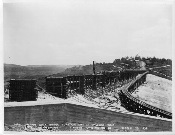 Detail of form work bridge construction of spillway weir.	 (March 1929)