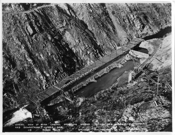 General view of river control operations showing primary and secondary upstream and downstream cofferdam. (January 1928)