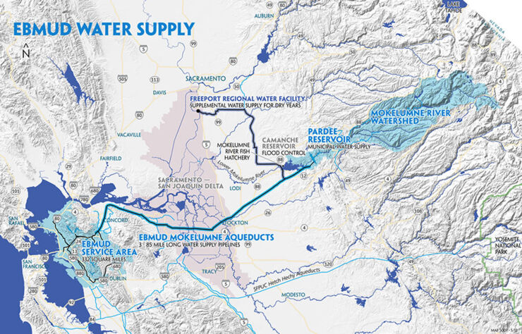 EBMUD's water supply system consists of reservoirs, aqueducts, treatment plants, and distribution facilities from the Mokelumne River Basin in the Sierra Nevada, to the East San Francisco Bay Area