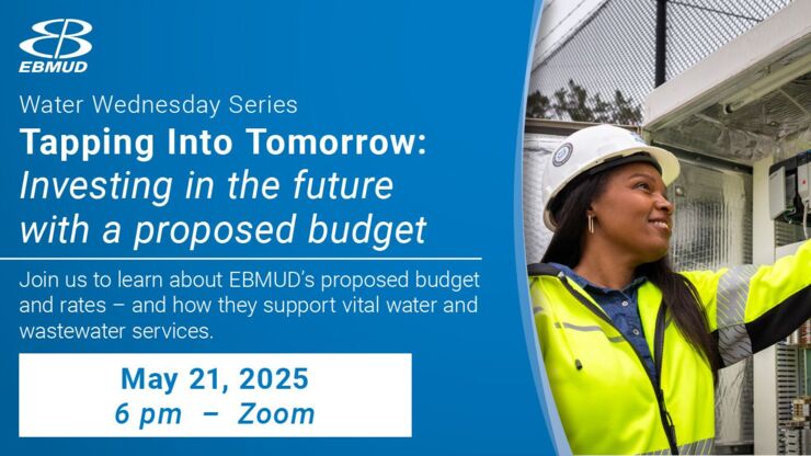 EBMUD Water Wednesday Series event announcement for May 21, 2025, featuring a worker in safety gear.