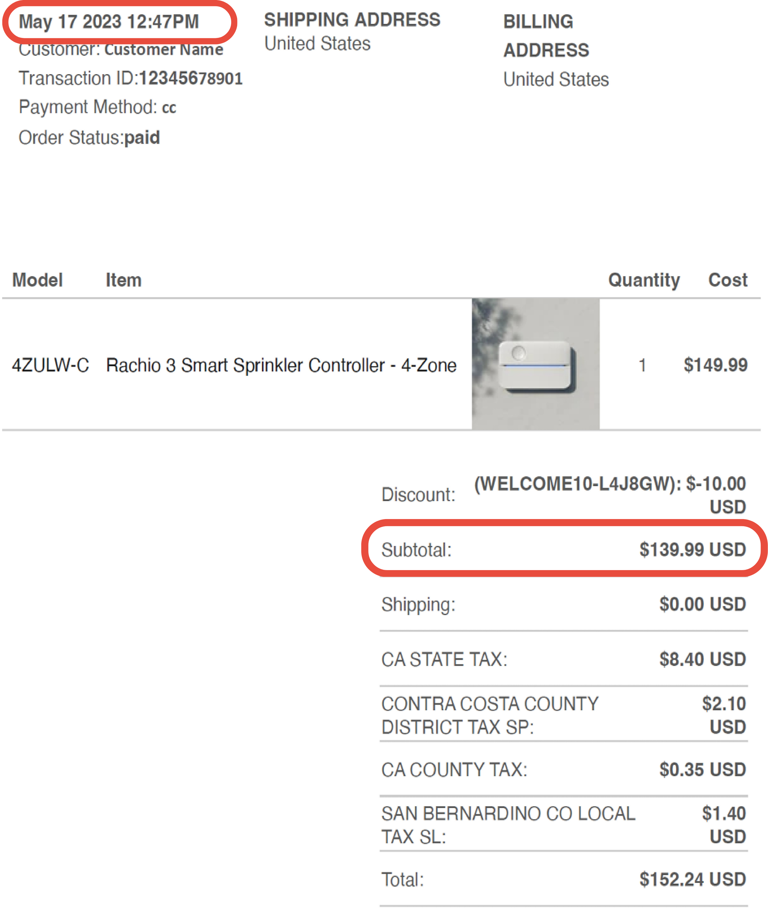 Copy of receipt showing the purchase date and price excluding tax and fees