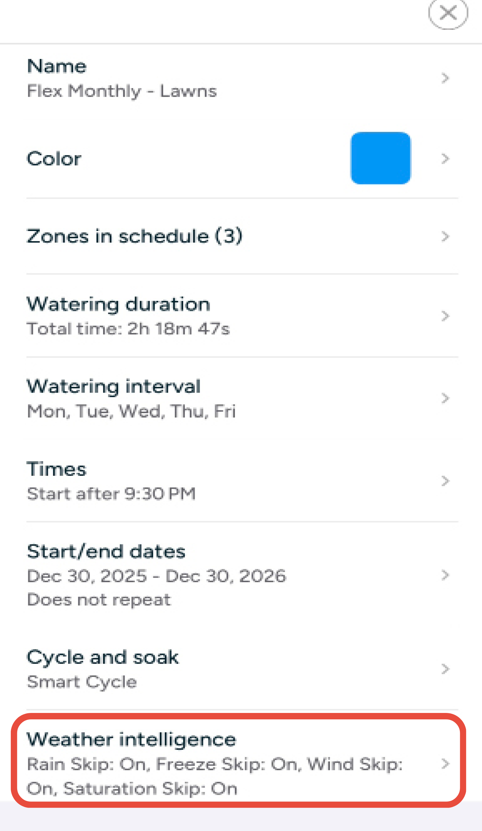 Screenshots of active schedules with weather features on