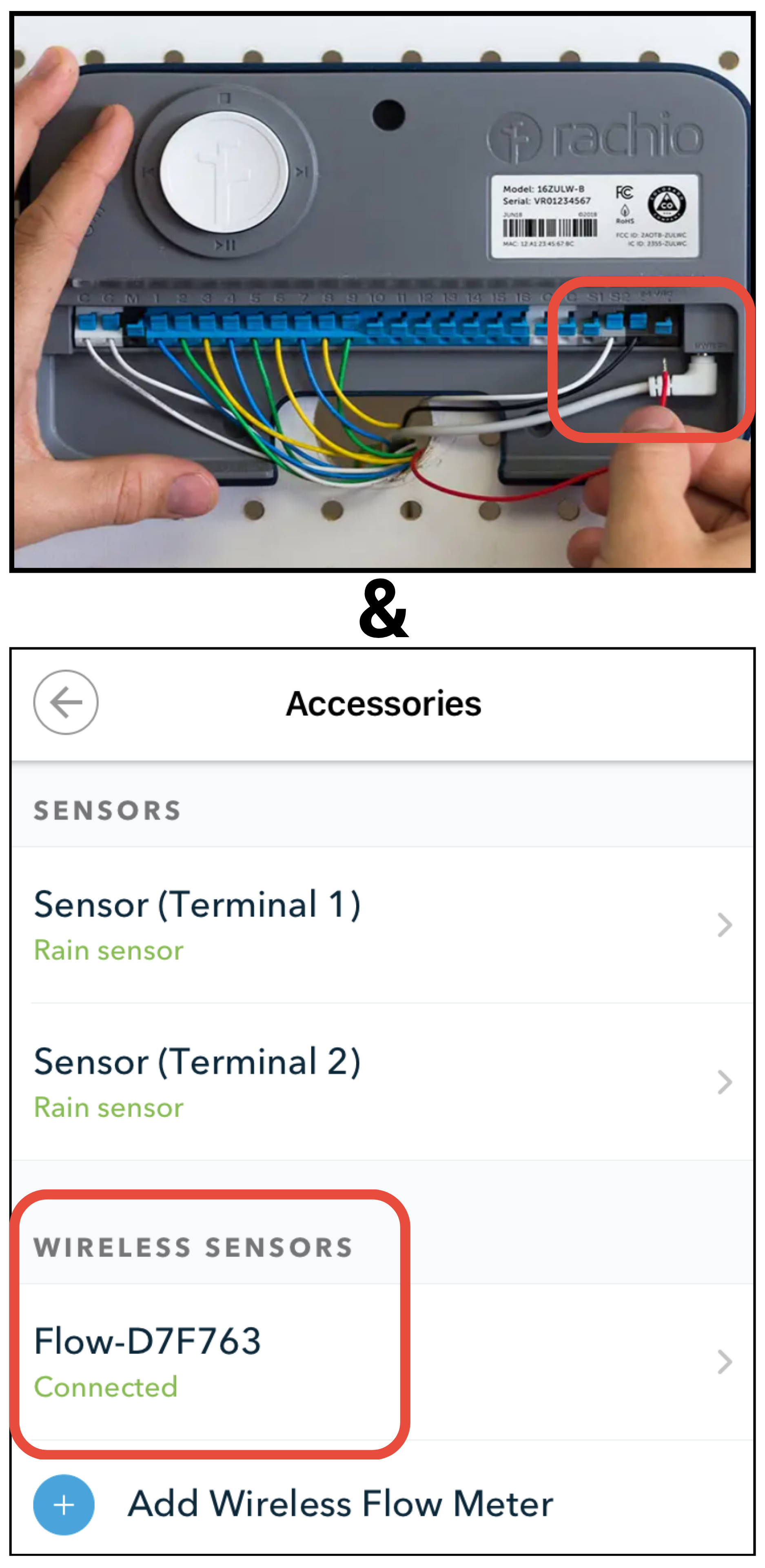 Photo showing wiring to correct sensor port in controller and screenshot showing connected/active flow sensor