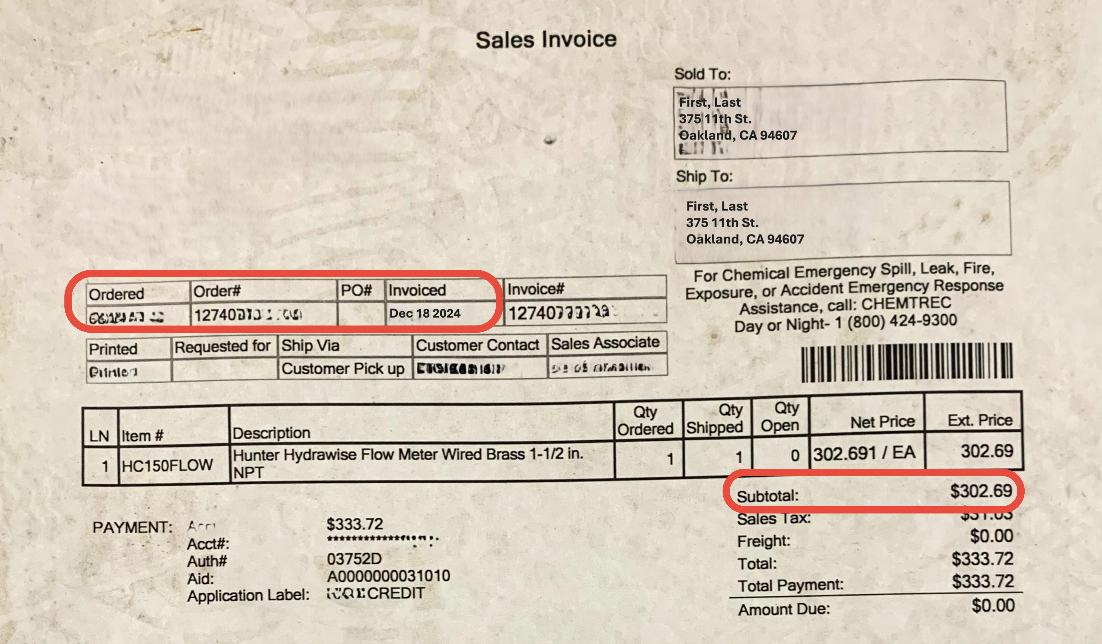 Copy of receipt showing the purchase date and price excluding tax and fees