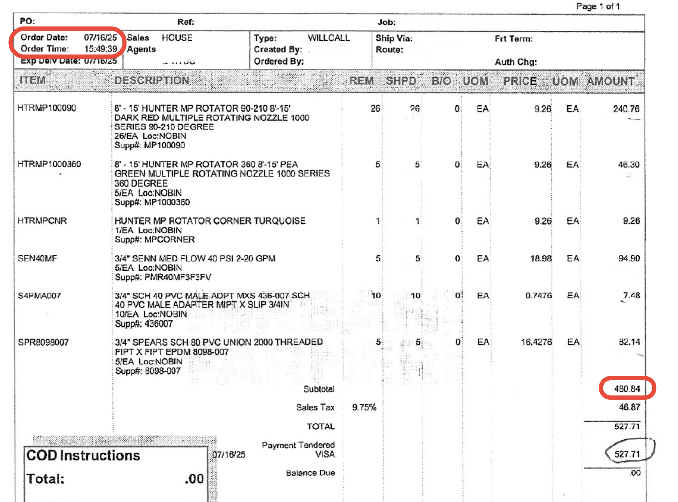 Copy of receipt showing the purchase date and price excluding tax and fees.