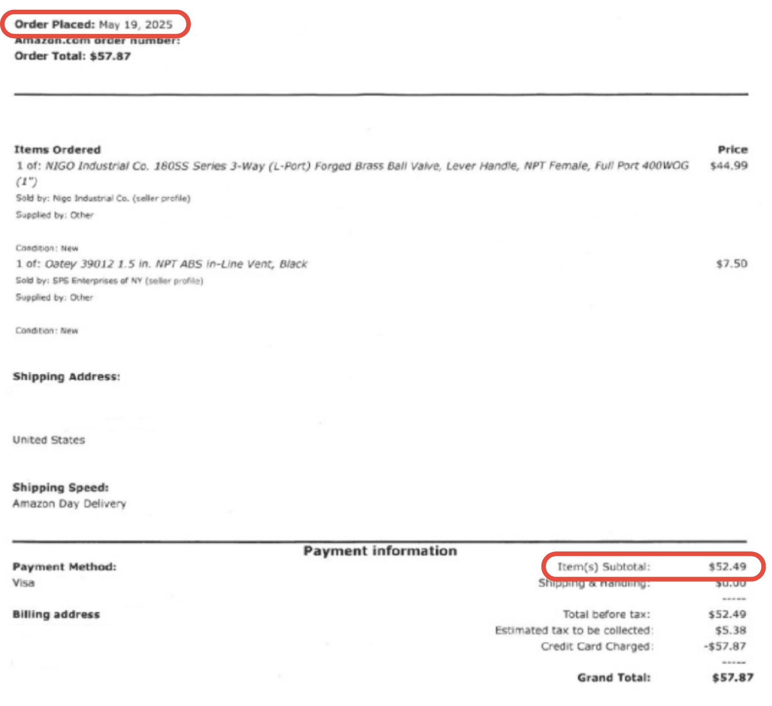 Copy of receipt showing the purchase date and price excluding tax and fees.