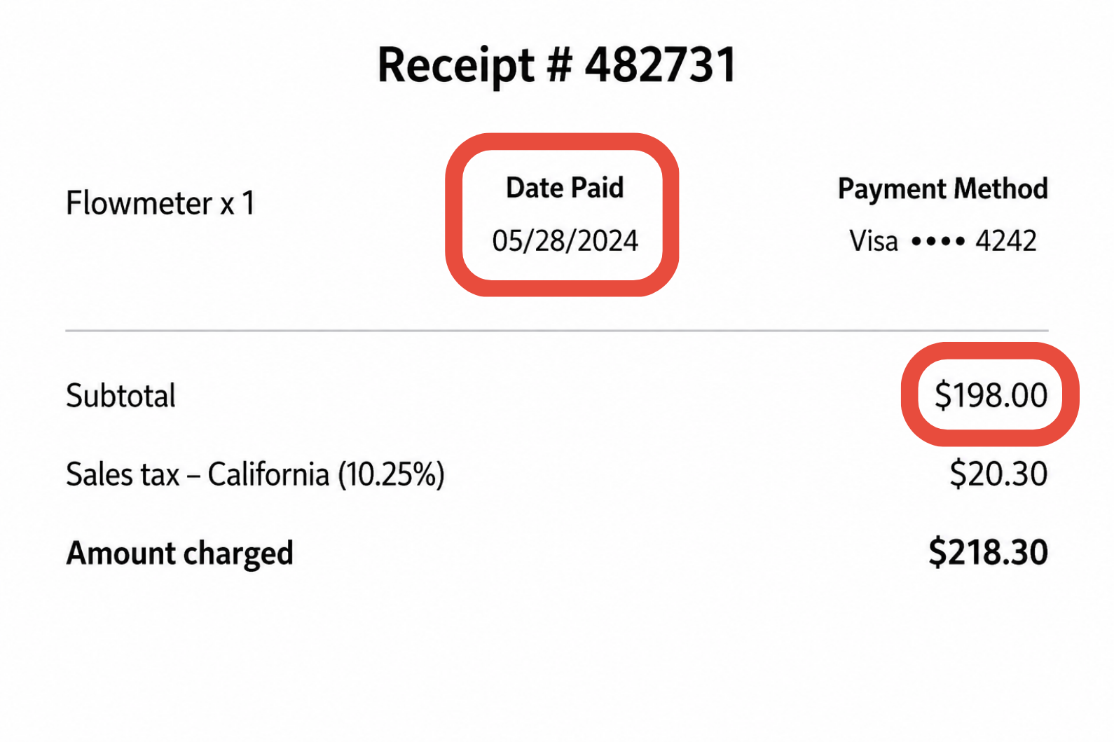 Copy of receipt showing the purchase date and price excluding tax and fees.